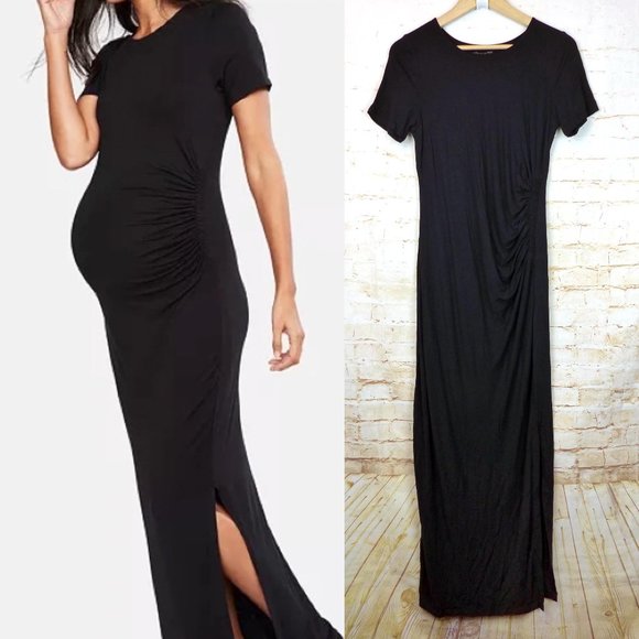 Pea in the Pod Luxe Waist Ruched Maternity Maxi Dress Womens M Black Side Slit - Picture 1 of 16